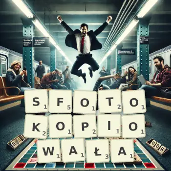 Kreatywna ilustracja do gry w Scrabble ze słowem SFOTOKOPIOWAŁA ułożonym z płytek na planszy.