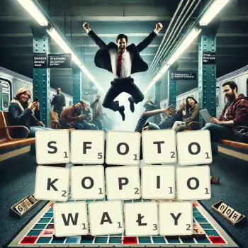 Kreatywna ilustracja do gry w Scrabble ze słowem SFOTOKOPIOWAŁY ułożonym z płytek na planszy.