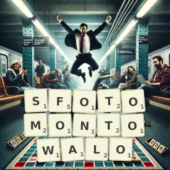 Kreatywna ilustracja do gry w Scrabble ze słowem SFOTOMONTOWALO ułożonym z płytek na planszy.