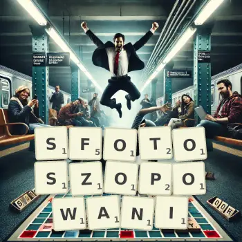 Kreatywna ilustracja do gry w Scrabble ze słowem SFOTOSZOPOWANI ułożonym z płytek na planszy.