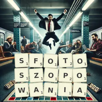 Kreatywna ilustracja do gry w Scrabble ze słowem SFOTOSZOPOWANIA ułożonym z płytek na planszy.