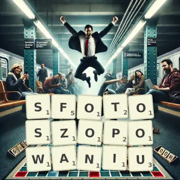 Kreatywna ilustracja do gry w Scrabble ze słowem SFOTOSZOPOWANIU ułożonym z płytek na planszy.