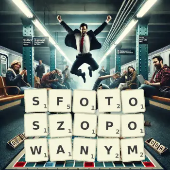 Kreatywna ilustracja do gry w Scrabble ze słowem SFOTOSZOPOWANYM ułożonym z płytek na planszy.