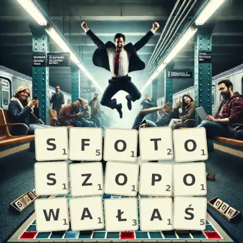 Kreatywna ilustracja do gry w Scrabble ze słowem SFOTOSZOPOWAŁAŚ ułożonym z płytek na planszy.