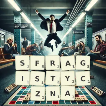 Kreatywna ilustracja do gry w Scrabble ze słowem SFRAGISTYCZNA ułożonym z płytek na planszy.