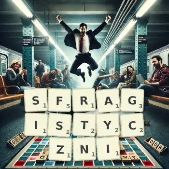 Kreatywna ilustracja do gry w Scrabble ze słowem SFRAGISTYCZNI ułożonym z płytek na planszy.