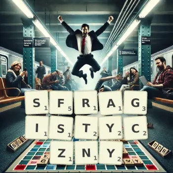 Kreatywna ilustracja do gry w Scrabble ze słowem SFRAGISTYCZNY ułożonym z płytek na planszy.