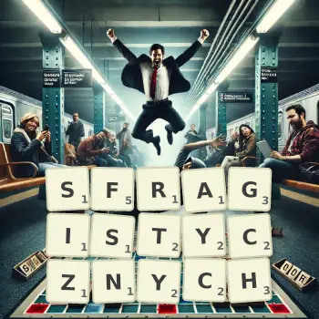 Kreatywna ilustracja do gry w Scrabble ze słowem SFRAGISTYCZNYCH ułożonym z płytek na planszy.