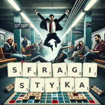 Kreatywna ilustracja do gry w Scrabble ze słowem SFRAGISTYKA ułożonym z płytek na planszy.