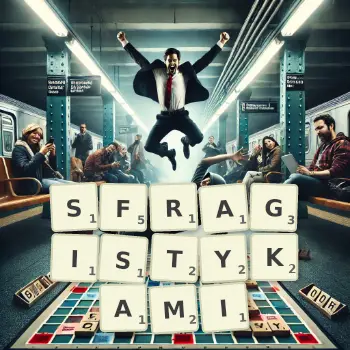 Kreatywna ilustracja do gry w Scrabble ze słowem SFRAGISTYKAMI ułożonym z płytek na planszy.