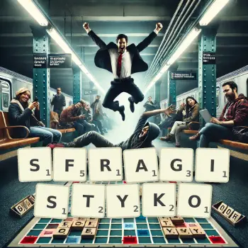 Kreatywna ilustracja do gry w Scrabble ze słowem SFRAGISTYKO ułożonym z płytek na planszy.