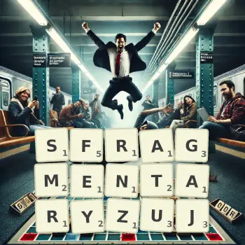Kreatywna ilustracja do gry w Scrabble ze słowem SFRAGMENTARYZUJ ułożonym z płytek na planszy.