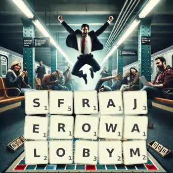 Kreatywna ilustracja do gry w Scrabble ze słowem SFRAJEROWALOBYM ułożonym z płytek na planszy.