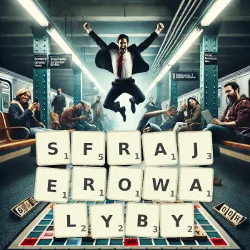 Kreatywna ilustracja do gry w Scrabble ze słowem SFRAJEROWALYBY ułożonym z płytek na planszy.