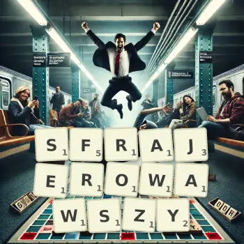 Kreatywna ilustracja do gry w Scrabble ze słowem SFRAJEROWAWSZY ułożonym z płytek na planszy.