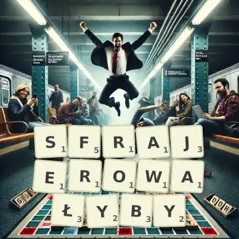 Kreatywna ilustracja do gry w Scrabble ze słowem SFRAJEROWAŁYBY ułożonym z płytek na planszy.