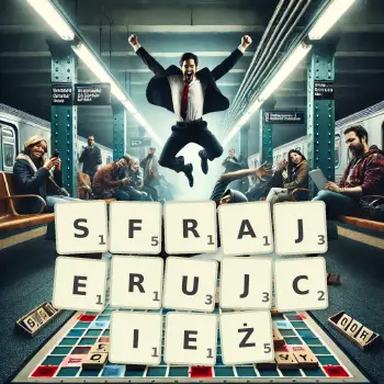 Kreatywna ilustracja do gry w Scrabble ze słowem SFRAJERUJCIEŻ ułożonym z płytek na planszy.