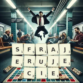 Kreatywna ilustracja do gry w Scrabble ze słowem SFRAJERUJECIE ułożonym z płytek na planszy.
