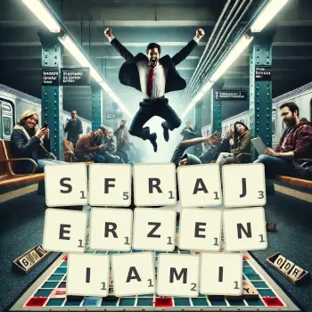 Kreatywna ilustracja do gry w Scrabble ze słowem SFRAJERZENIAMI ułożonym z płytek na planszy.