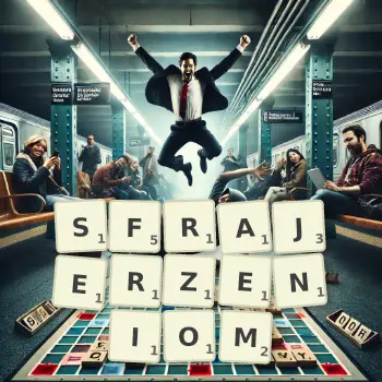 Kreatywna ilustracja do gry w Scrabble ze słowem SFRAJERZENIOM ułożonym z płytek na planszy.