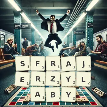 Kreatywna ilustracja do gry w Scrabble ze słowem SFRAJERZYLABY ułożonym z płytek na planszy.