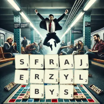 Kreatywna ilustracja do gry w Scrabble ze słowem SFRAJERZYLBYS ułożonym z płytek na planszy.