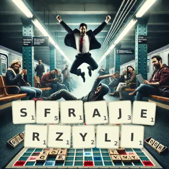 Kreatywna ilustracja do gry w Scrabble ze słowem SFRAJERZYLI ułożonym z płytek na planszy.