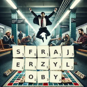 Kreatywna ilustracja do gry w Scrabble ze słowem SFRAJERZYLOBY ułożonym z płytek na planszy.