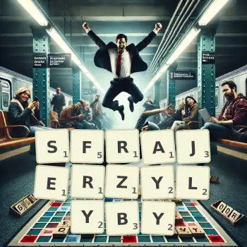 Kreatywna ilustracja do gry w Scrabble ze słowem SFRAJERZYLYBY ułożonym z płytek na planszy.