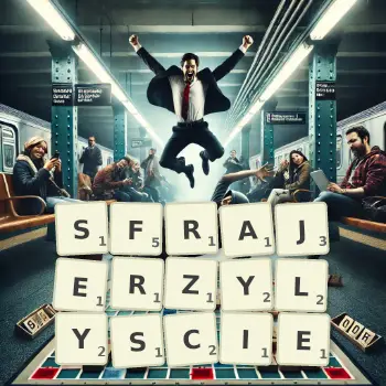 Kreatywna ilustracja do gry w Scrabble ze słowem SFRAJERZYLYSCIE ułożonym z płytek na planszy.