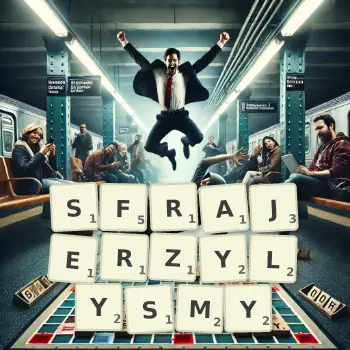 Kreatywna ilustracja do gry w Scrabble ze słowem SFRAJERZYLYSMY ułożonym z płytek na planszy.