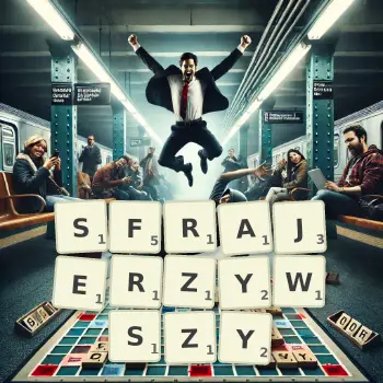 Kreatywna ilustracja do gry w Scrabble ze słowem SFRAJERZYWSZY ułożonym z płytek na planszy.
