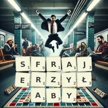 Kreatywna ilustracja do gry w Scrabble ze słowem SFRAJERZYŁABY ułożonym z płytek na planszy.
