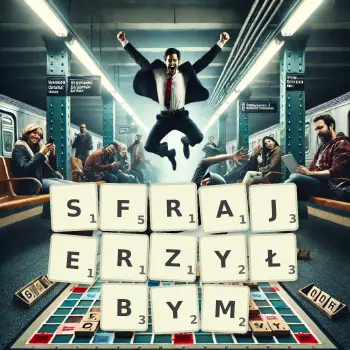 Kreatywna ilustracja do gry w Scrabble ze słowem SFRAJERZYŁBYM ułożonym z płytek na planszy.