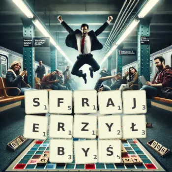 Kreatywna ilustracja do gry w Scrabble ze słowem SFRAJERZYŁBYŚ ułożonym z płytek na planszy.
