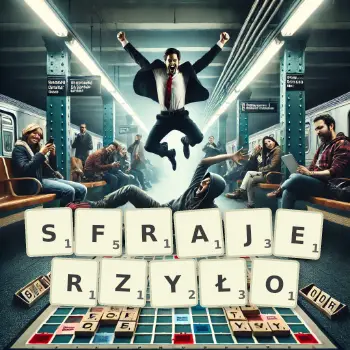 Kreatywna ilustracja do gry w Scrabble ze słowem SFRAJERZYŁO ułożonym z płytek na planszy.