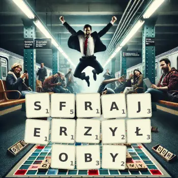 Kreatywna ilustracja do gry w Scrabble ze słowem SFRAJERZYŁOBY ułożonym z płytek na planszy.