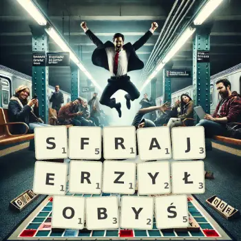 Kreatywna ilustracja do gry w Scrabble ze słowem SFRAJERZYŁOBYŚ ułożonym z płytek na planszy.