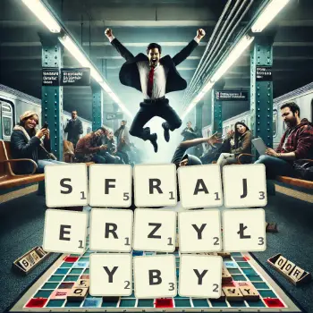 Kreatywna ilustracja do gry w Scrabble ze słowem SFRAJERZYŁYBY ułożonym z płytek na planszy.