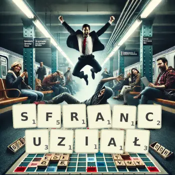 Kreatywna ilustracja do gry w Scrabble ze słowem SFRANCUZIAŁ ułożonym z płytek na planszy.