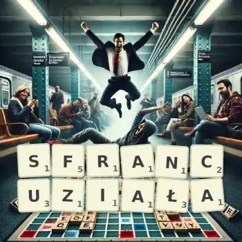 Kreatywna ilustracja do gry w Scrabble ze słowem SFRANCUZIAŁA ułożonym z płytek na planszy.