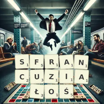 Kreatywna ilustracja do gry w Scrabble ze słowem SFRANCUZIAŁOŚ ułożonym z płytek na planszy.