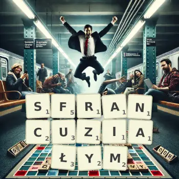Kreatywna ilustracja do gry w Scrabble ze słowem SFRANCUZIAŁYM ułożonym z płytek na planszy.