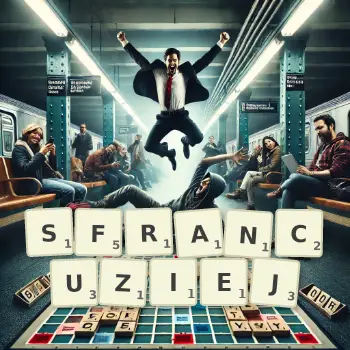 Kreatywna ilustracja do gry w Scrabble ze słowem SFRANCUZIEJ ułożonym z płytek na planszy.