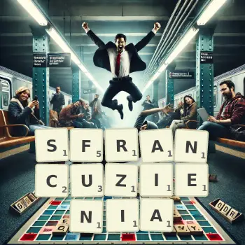 Kreatywna ilustracja do gry w Scrabble ze słowem SFRANCUZIENIA ułożonym z płytek na planszy.