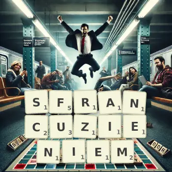Kreatywna ilustracja do gry w Scrabble ze słowem SFRANCUZIENIEM ułożonym z płytek na planszy.