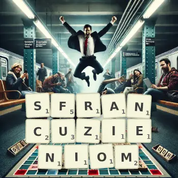 Kreatywna ilustracja do gry w Scrabble ze słowem SFRANCUZIENIOM ułożonym z płytek na planszy.