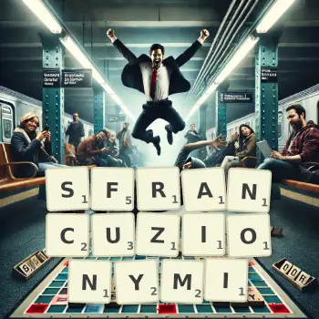 Kreatywna ilustracja do gry w Scrabble ze słowem SFRANCUZIONYMI ułożonym z płytek na planszy.