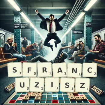 Kreatywna ilustracja do gry w Scrabble ze słowem SFRANCUZISZ ułożonym z płytek na planszy.