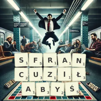 Kreatywna ilustracja do gry w Scrabble ze słowem SFRANCUZIŁABYŚ ułożonym z płytek na planszy.
